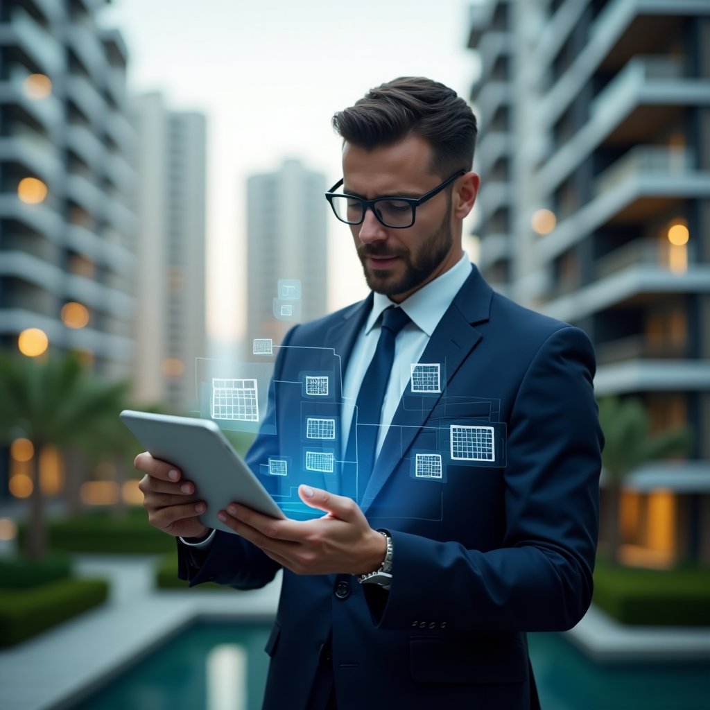 Ultra-realistic property manager in a dark blue suit, set in a modern luxury condominium environment with high-rise buildings and green landscaping, mid shot of a confident professional reviewing a digital tablet with holographic maintenance checklist and calendar icons floating around to symbolize preventive maintenance planning, cinematic lighting, shallow depth of field, highly detailed textures, realistic skin, photographic realism, 8k resolution --ar 1:1 --v 6