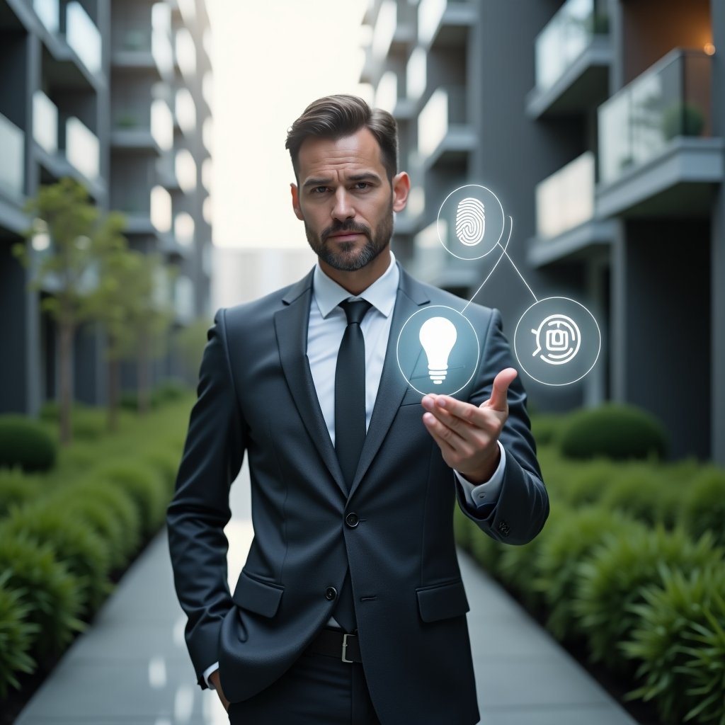 Ultra-realistic condominium manager in a charcoal gray suit, set in a modern luxury condominium environment with high-rise buildings and manicured green landscaping, interacting with floating holographic icons of a fingerprint scanner, smart lighting bulb, and thermostat control, confident and focused expression, cinematic lighting, shallow depth of field, highly detailed textures, realistic skin, photographic realism, 8k resolution --ar 1:1 --v 6