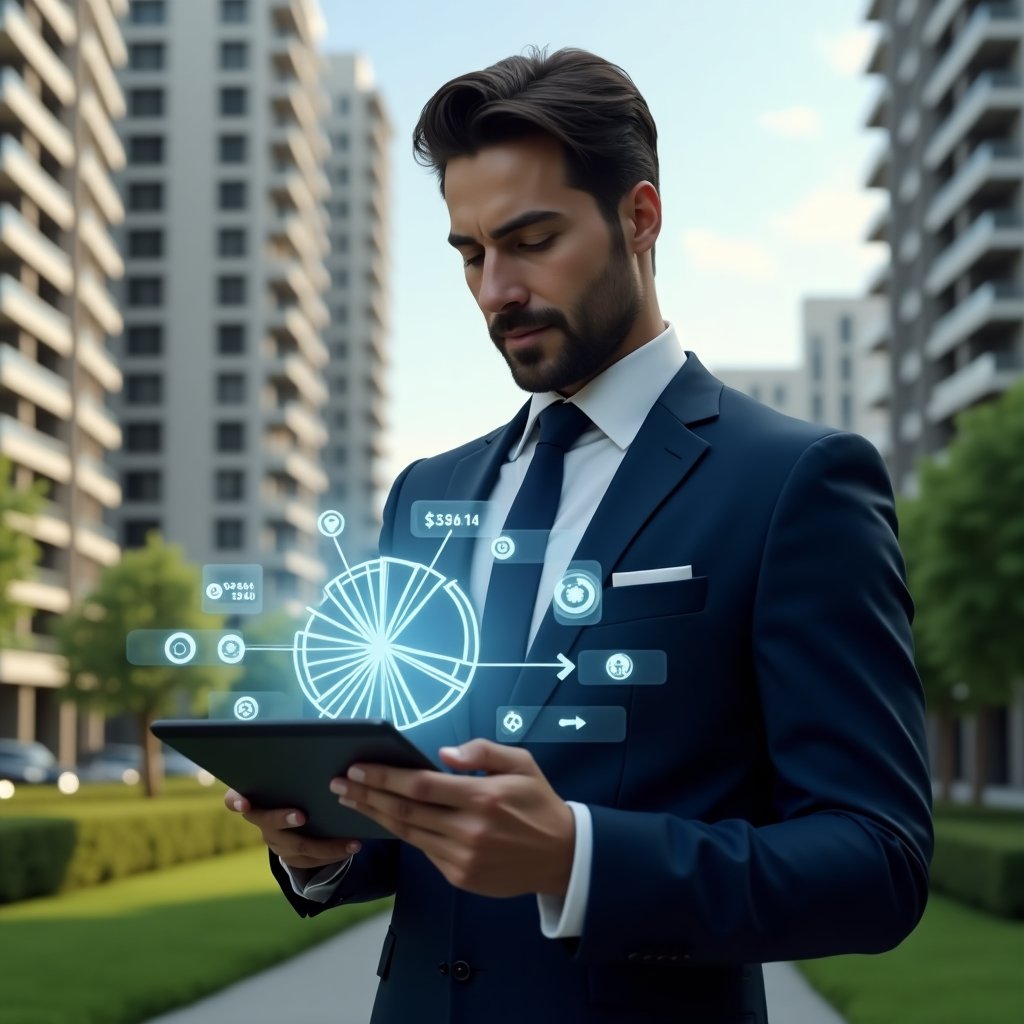 Ultra-realistic condominium manager in a tailored navy suit, set in a modern luxury condominium environment with high-rise buildings and manicured green landscaping, mid-shot of him examining a transparent holographic pie chart of expenses hovering above a sleek tablet, holographic icons of coins and gear symbolizing maintenance cost savings, confident and focused expression, cinematic lighting, shallow depth of field, highly detailed textures, realistic skin, photographic realism, 8k resolution --ar 1:1 --v 6