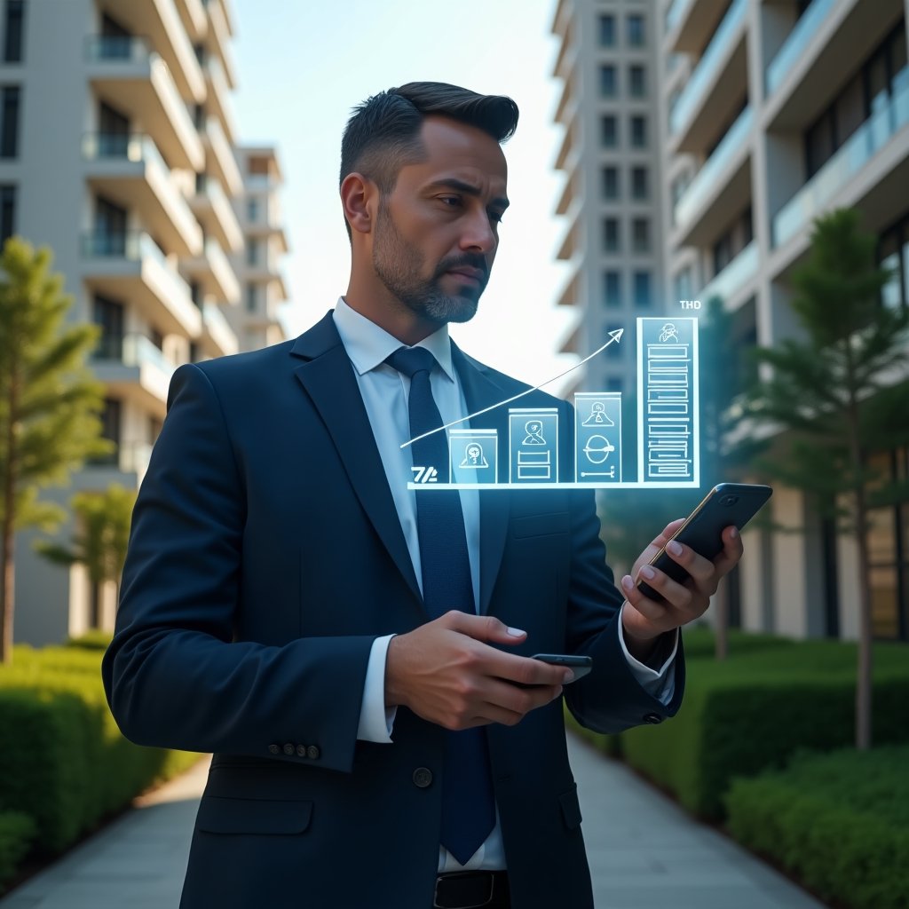 (Ultra-realistic condominium manager in a tailored navy suit, set in a modern luxury condominium environment with high-rise buildings and manicured green landscaping, analyzing a floating holographic graph of cost savings and maintenance icons, holographic contract and smartphone in hand symbolizing negotiation and technology, cinematic lighting, shallow depth of field, highly detailed textures, realistic skin, photographic realism, 8k resolution --ar 1:1 --v 6)