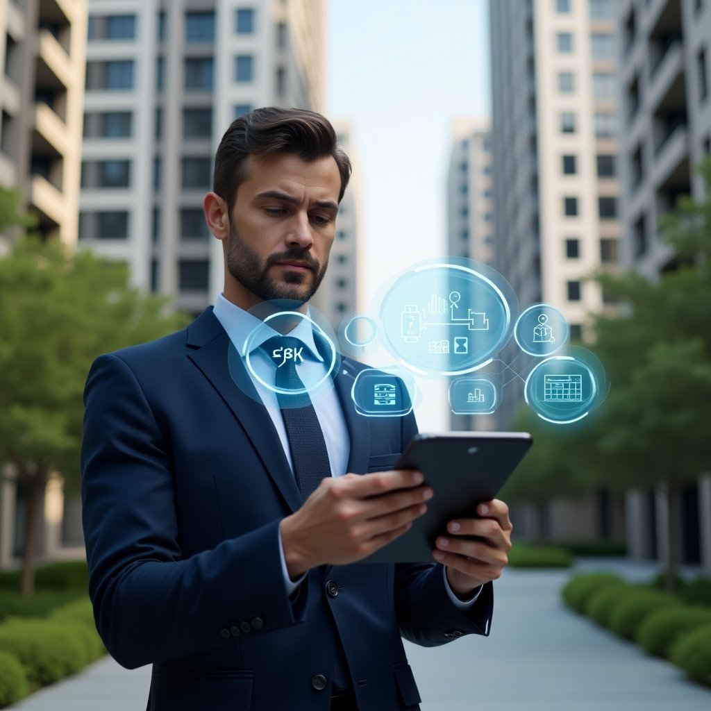 (Ultra-realistic condominium manager in a tailored navy suit, set in a modern luxury condominium environment with high-rise buildings and manicured green landscaping, holding a tablet displaying holographic icons of security, finance, scheduling, communication and analytics—demonstrating the five key app features, confident and focused expression, cinematic lighting, shallow depth of field, highly detailed textures, realistic skin, photographic realism, 8k resolution --ar 1:1 --v 6)