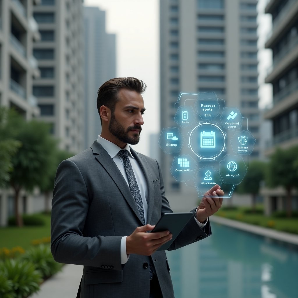 (Ultra-realistic condominium manager in a tailored gray suit, set in a modern luxury condominium environment with high-rise buildings and manicured green landscaping, holding a tablet and reviewing a floating holographic interface displaying icons for access control, reservation calendar, billing, messaging and analytics, confident and focused expression, cinematic lighting, shallow depth of field, highly detailed textures, realistic skin, photographic realism, 8k resolution --ar 1:1 --v 6)