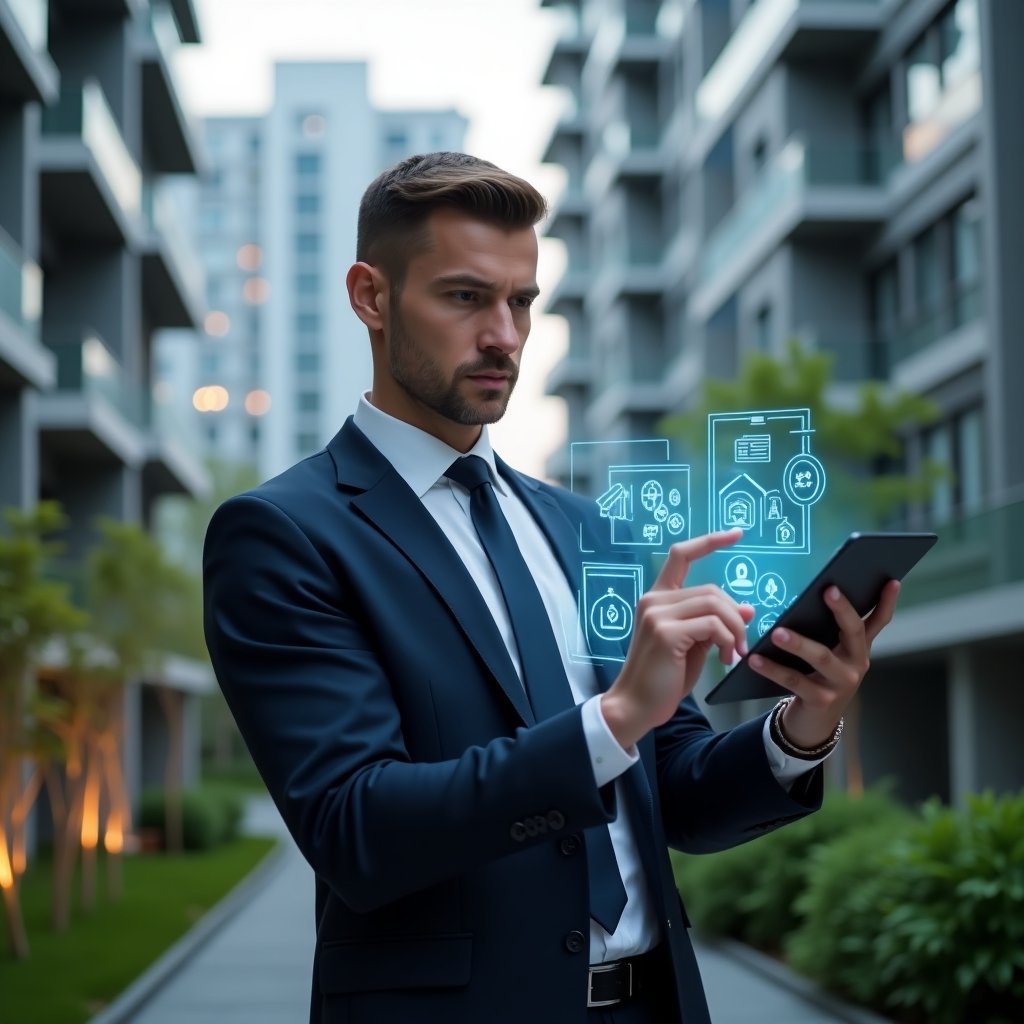 (Ultra-realistic condominium manager in a navy blue suit, set in a modern luxury condominium environment with high-rise buildings and manicured green landscaping, holding a tablet displaying holographic icons for finance, reservations, communication, security, and maintenance, confident and focused expression as they analyze the app interface, cinematic lighting, shallow depth of field, highly detailed textures, realistic skin, photographic realism, 8k resolution --ar 1:1 --v 6)