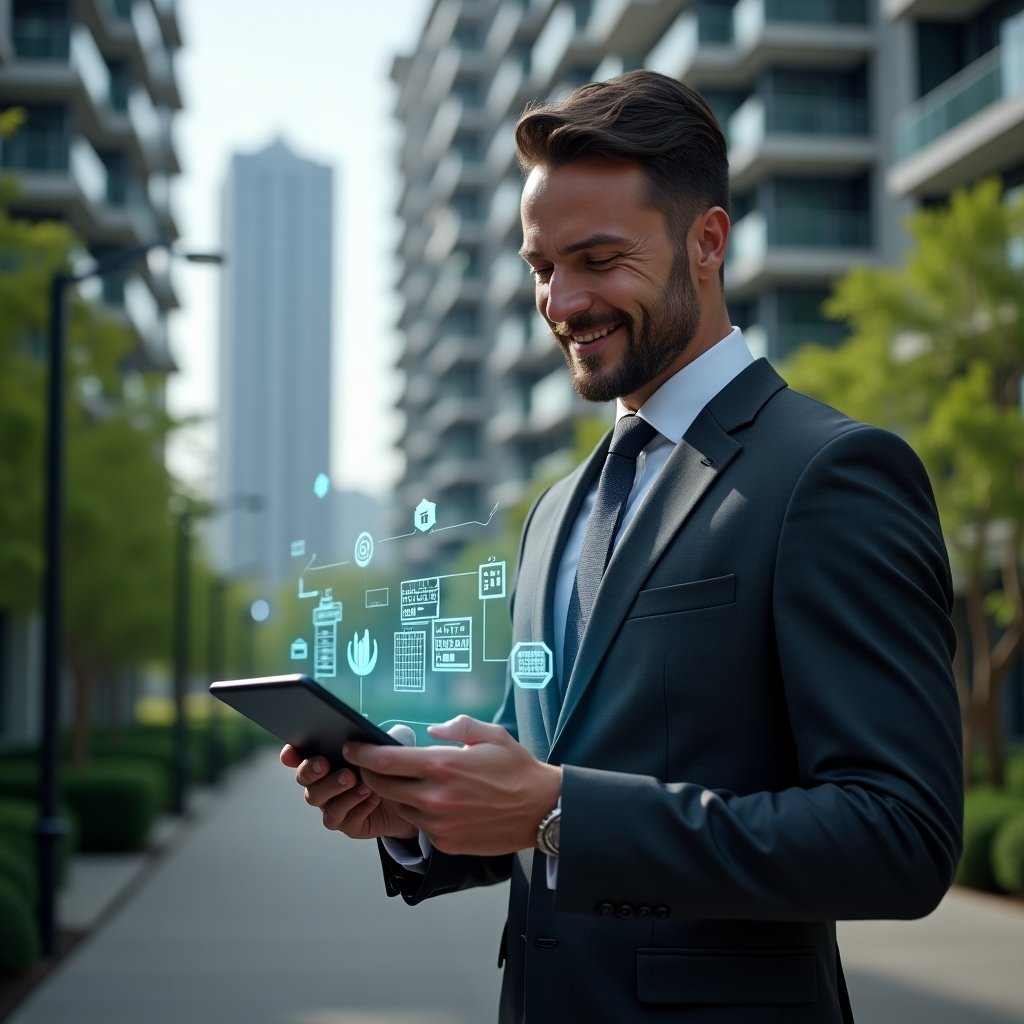 (Ultra-realistic property manager in a dark gray tailored suit, set in a modern luxury condominium environment with high-rise buildings and lush green landscaping, holding a digital tablet projecting holographic icons for incident reporting, billing, facility booking, access control and analytics, confidently smiling and analyzing the interface, cinematic lighting, shallow depth of field, highly detailed textures, realistic skin, photographic realism, 8k resolution --ar 1:1 --v 6)