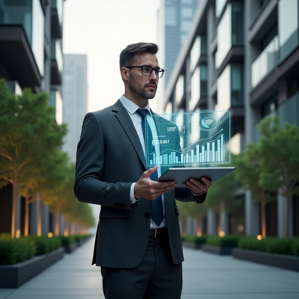(Ultra-realistic property manager in a dark gray executive suit, set in a modern luxury condominium environment with high-rise buildings and manicured green landscaping, holding and interacting with a floating holographic financial dashboard that displays pie charts and bar graphs symbolizing automated accounting, cinematic lighting, shallow depth of field, highly detailed textures, realistic skin, photographic realism, 8k resolution --ar 1:1 --v 6)