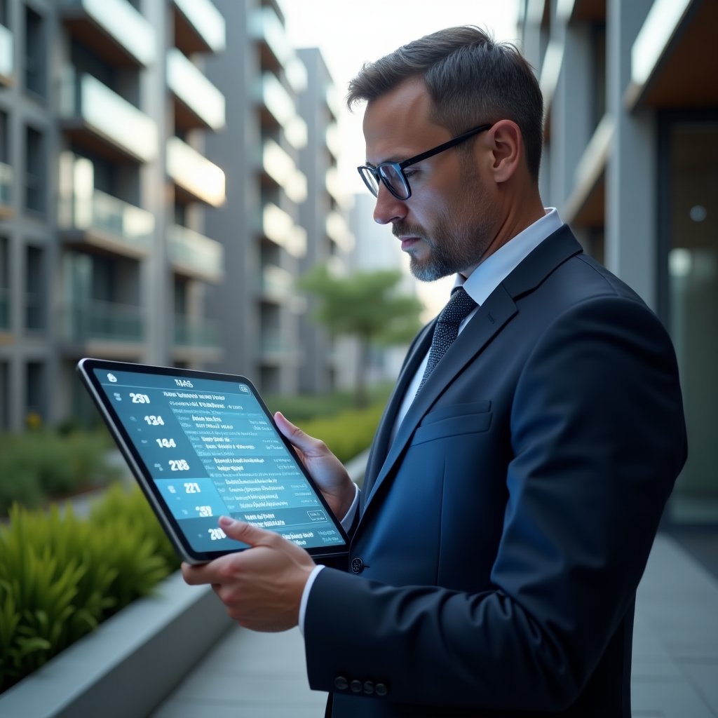 Ultra-realistic property manager in a navy executive suit, set in a modern luxury condominium environment with high-rise buildings and green landscaping, holding a tablet displaying a holographic calendar with task checklists, analyzing the schedule with a confident expression, cinematic lighting, shallow depth of field, highly detailed textures, realistic skin, photographic realism, 8k resolution --ar 1:1 --v 6
