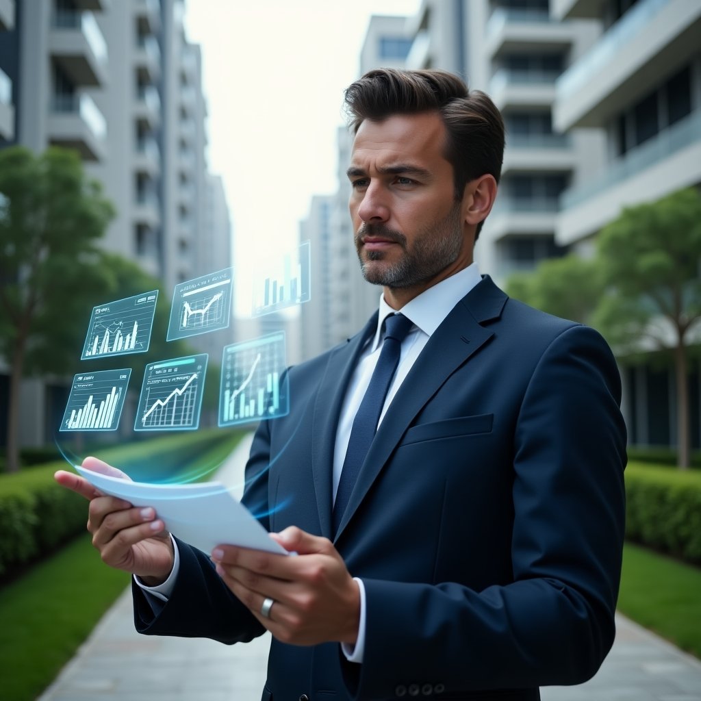 (Ultra-realistic condominium manager in a tailored navy suit, set in a modern luxury condominium environment with high-rise buildings and manicured green landscaping, examining holographic financial reports and pointing at interactive digital charts, floating icons of spreadsheets and transparent ledgers symbolizing digital accounting, confident and focused expression, cinematic lighting, shallow depth of field, highly detailed textures, realistic skin, photographic realism, 8k resolution --ar 1:1 --v 6)