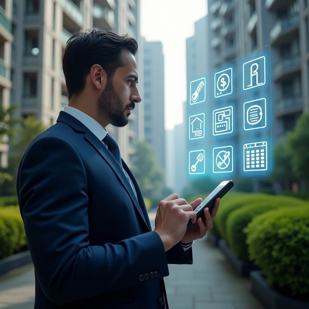 (Ultra-realistic condominium manager in a dark blue suit, set in a modern luxury condominium environment with high-rise buildings and well-manicured green landscaping, medium shot focusing on the professional, looking confidently at a holographic schedule projection emerging from a tablet, floating icons of repair tools, calendar and checklist symbolizing organized tasks, cinematic lighting, shallow depth of field, highly detailed textures, realistic skin, photographic realism, 8k resolution --ar 1:1 --v 6)