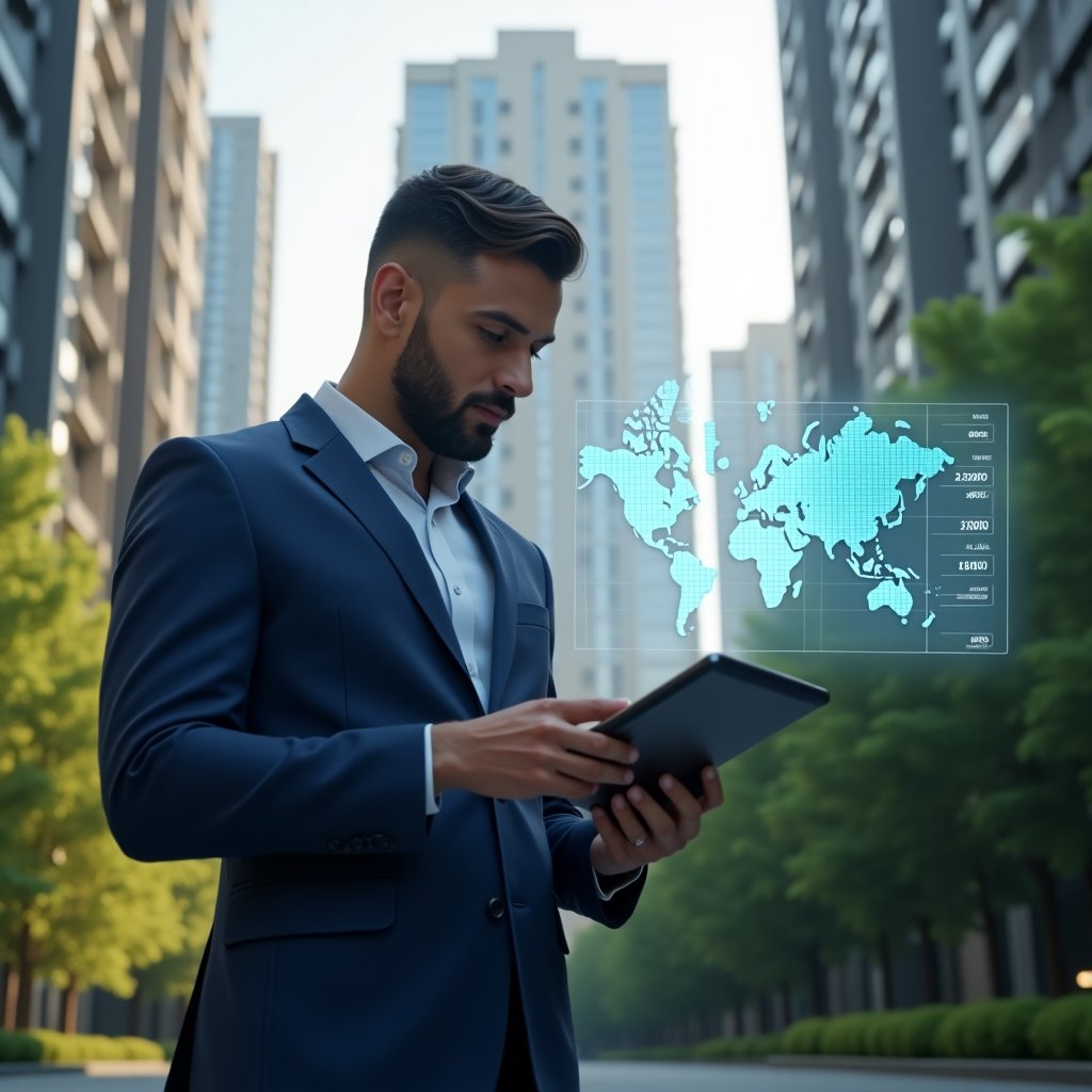 (Ultra-realistic condominium manager in a navy blue tailored suit, set in a modern luxury condominium environment with high-rise buildings and lush green landscaping, holding a tablet displaying holographic financial charts, confidently reviewing transparent 3D ledger projections floating beside them, cinematic lighting, shallow depth of field, highly detailed textures, realistic skin, photographic realism, 8k resolution --ar 1:1 --v 6)