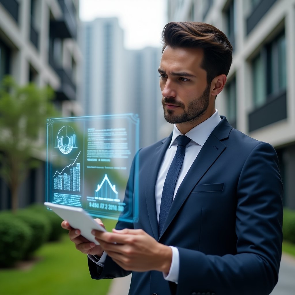 Ultra-realistic condominium manager in a navy suit, set in a modern luxury condominium environment with high-rise buildings and manicured green landscaping, analyzing a holographic financial report with floating charts and icons representing digital balancetes, confident and focused expression, cinematic lighting, shallow depth of field, highly detailed textures, realistic skin, photographic realism, 8k resolution --ar 1:1 --v 6