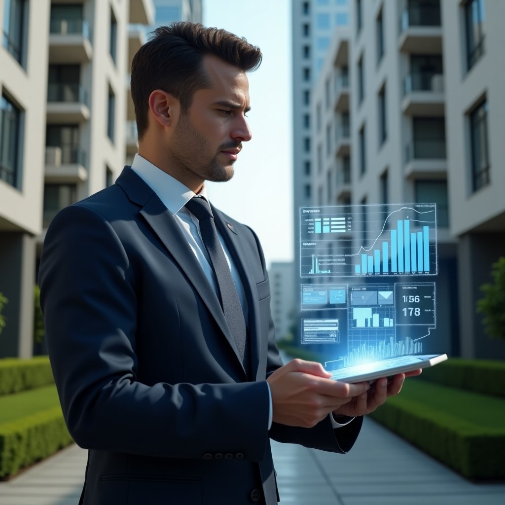 (Ultra-realistic condominium manager in a tailored navy suit, set in a modern luxury condominium environment with high-rise buildings and manicured green landscaping, mid-shot of the manager examining a holographic financial report displaying clear charts and graphs, holding a transparent tablet with floating icons representing the five accounting steps, confident and analytical expression, cinematic lighting, shallow depth of field, highly detailed textures, realistic skin, photographic realism, 8k resolution --ar 1:1 --v 6)
