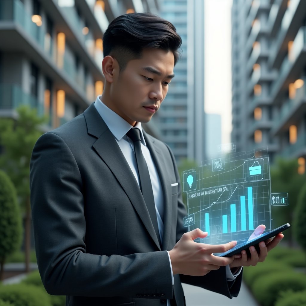 Ultra-realistic condominium manager in a charcoal gray suit, set in a modern luxury condominium environment with high-rise buildings and green landscaping, examining a holographic display of energy, water, and cleaning cost graphs on a transparent tablet, with floating icons of a light bulb, water droplet, and broom around them, confident expression, cinematic lighting, shallow depth of field, highly detailed textures, realistic skin, photographic realism, 8k resolution --ar 1:1 --v 6