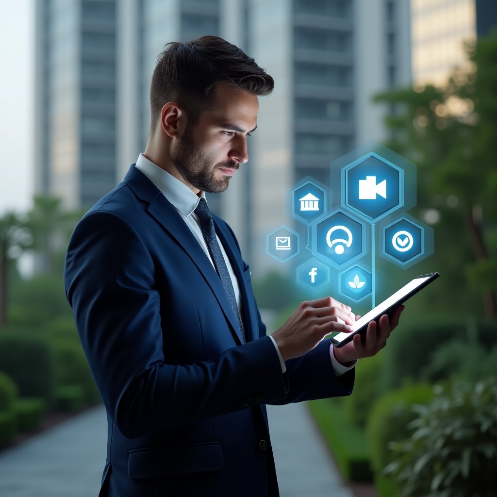Ultra-realistic condominium manager in a navy blue executive suit, set in a modern luxury condominium environment with high-rise buildings and meticulously landscaped greenery, holding a tablet displaying holographic condo management app icons, analyzing the digital interface with a confident, focused expression, floating holographic symbols of calendar, chat bubble, financial chart and reservation icon, cinematic lighting, shallow depth of field, highly detailed textures, realistic skin, photographic realism, 8k resolution --ar 1:1 --v 6