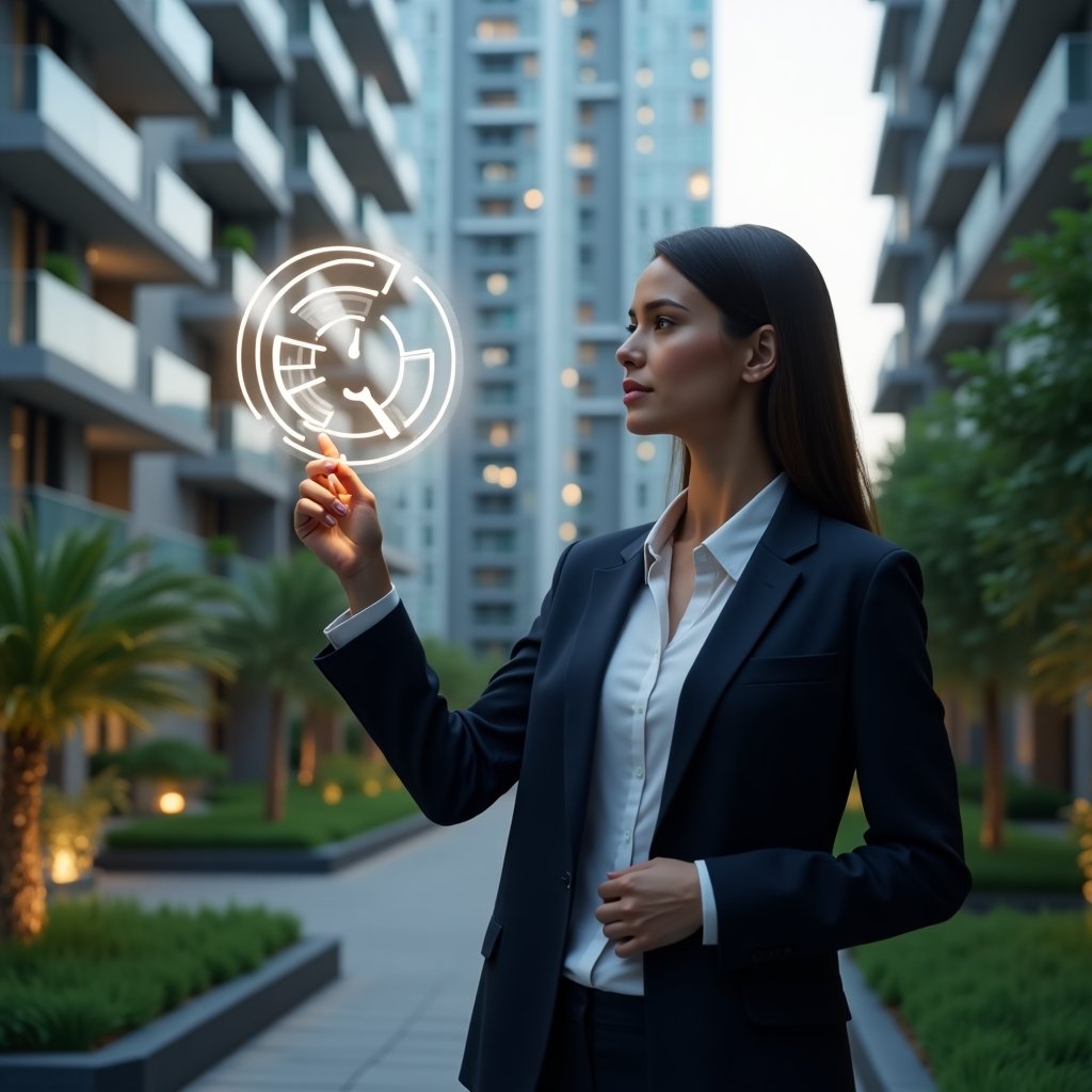 (Ultra-realistic condo manager in a dark navy executive suit, set in a modern luxury condominium environment with high-rise buildings and manicured green landscaping, mid-shot of a thoughtful professional woman pointing at a floating holographic pie chart segmented into ordinary and extraordinary expenses, glowing icons of a wrench and a shield hovering around the chart, cinematic lighting, shallow depth of field, highly detailed textures, realistic skin, photographic realism, 8k resolution --ar 1:1 --v 6)