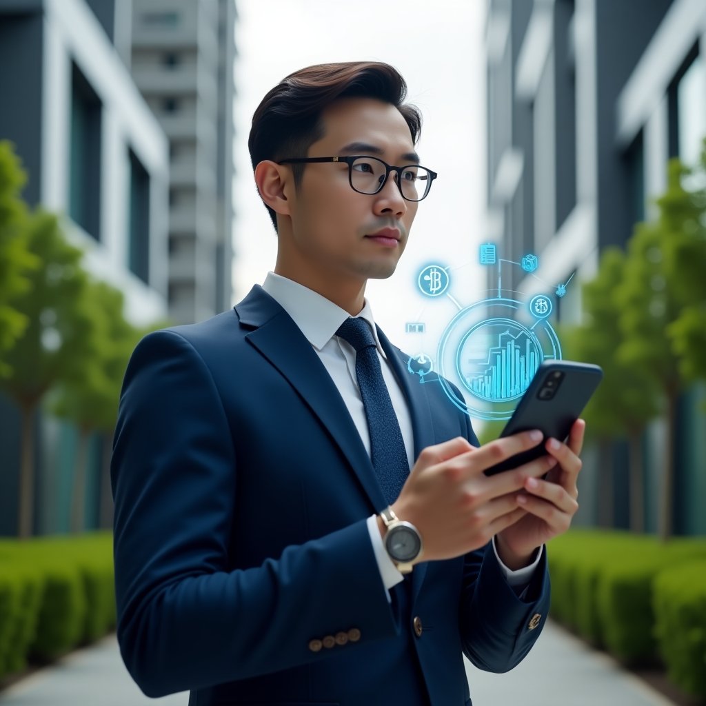 (Ultra-realistic condominium manager in a navy blue executive suit, set in a modern luxury condominium environment with high-rise buildings and manicured green landscaping, holding a smartphone displaying a holographic financial dashboard with icons representing transparency and efficiency, confident expression, cinematic lighting, shallow depth of field, highly detailed textures, realistic skin, photographic realism, 8k resolution --ar 1:1 --v 6)