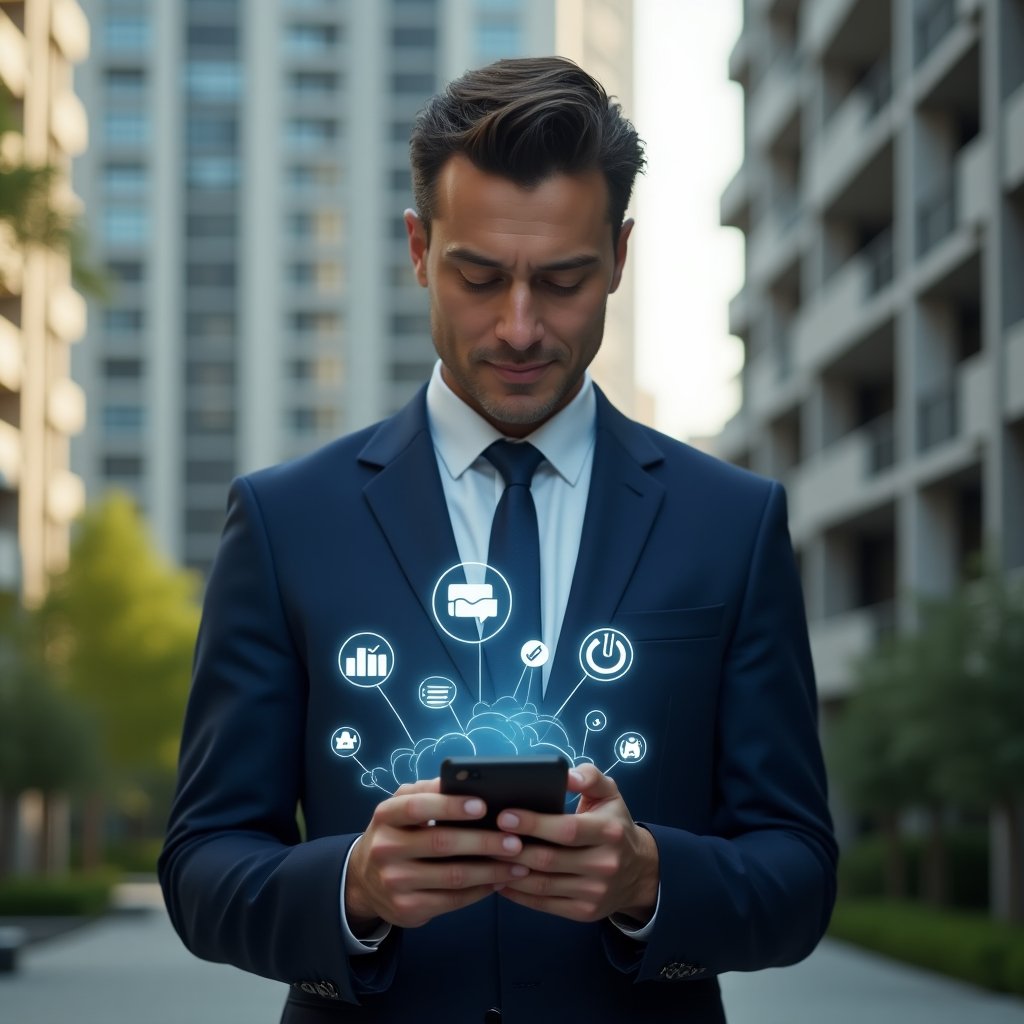 (Ultra-realistic condominium manager in a tailored navy suit, set in a modern luxury condominium environment with high-rise buildings and manicured greenery, mid-shot holding a smartphone with floating holographic icons of finance charts, chat bubbles and task checklists around the device, confident and focused expression, cinematic lighting, shallow depth of field, highly detailed textures, realistic skin, photographic realism, 8k resolution --ar 1:1 --v 6)