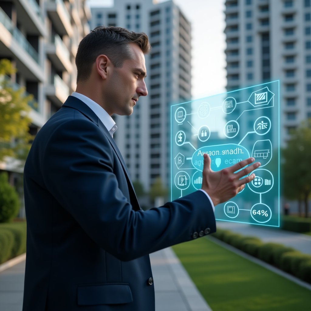 Ultra-realistic condominium manager in a navy blue suit, set in a modern luxury condominium environment with high-rise buildings and green landscaping, standing confidently in a medium close-up while interacting with a floating holographic interface displaying icons for automation, communication, security, and financial charts, cinematic lighting, shallow depth of field, highly detailed textures, realistic skin, photographic realism, 8k resolution --ar 1:1 --v 6