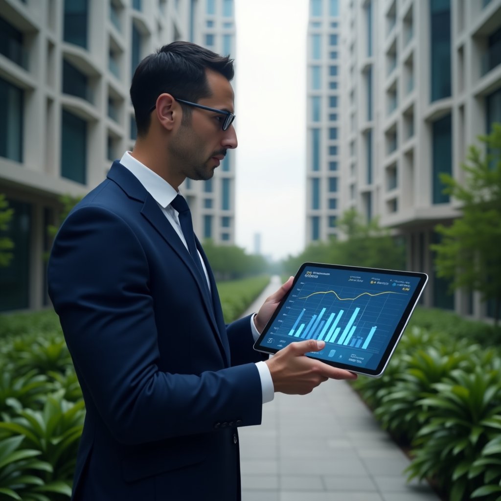 (Ultra-realistic condominium manager in a navy blue suit, set in a modern luxury condominium environment with high-rise buildings and meticulously landscaped greenery, medium shot, holding a tablet projecting a holographic financial dashboard with charts and icons, confidently analyzing data, cinematic lighting, shallow depth of field, highly detailed textures, realistic skin, photographic realism, 8k resolution --ar 1:1 --v 6)