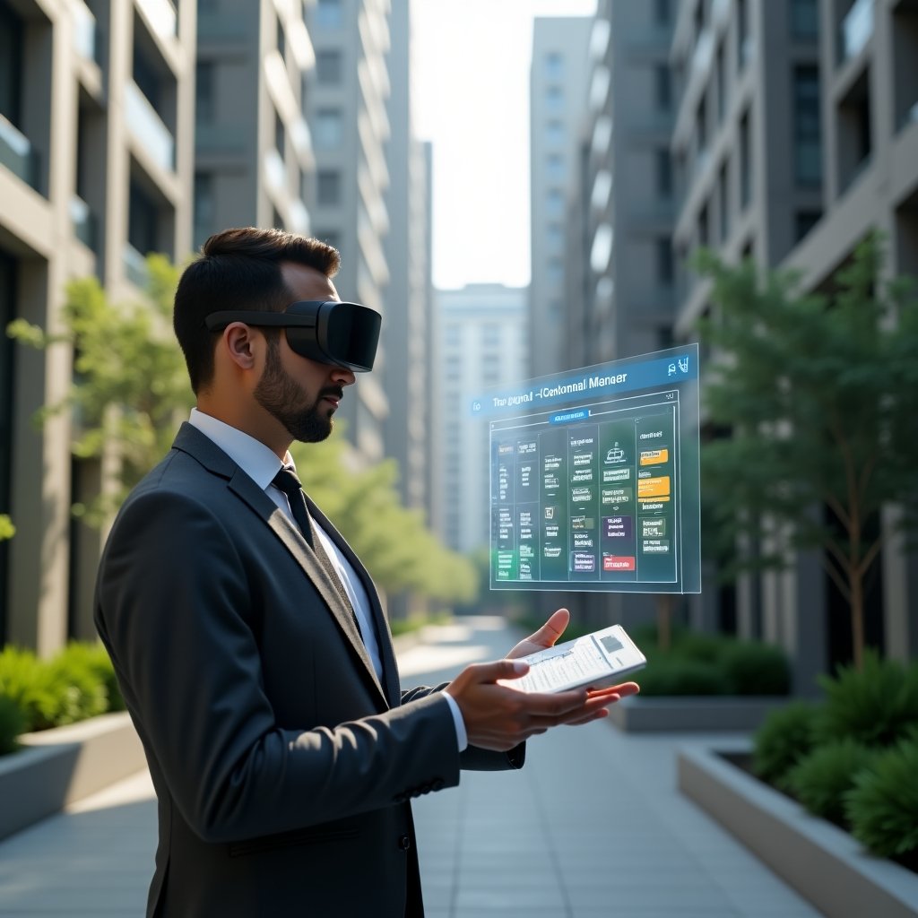 (Ultra-realistic condominium manager in a charcoal gray tailored suit, set in a modern luxury condominium environment with high-rise buildings and green landscaping, holding a holographic calendar interface with icons for cleaning, maintenance and security tasks while confidently reviewing the schedule, a floating digital checklist and colorful task icons symbolizing efficient planning, cinematic lighting, shallow depth of field, highly detailed textures, realistic skin, photographic realism, 8k resolution --ar 1:1 --v 6)