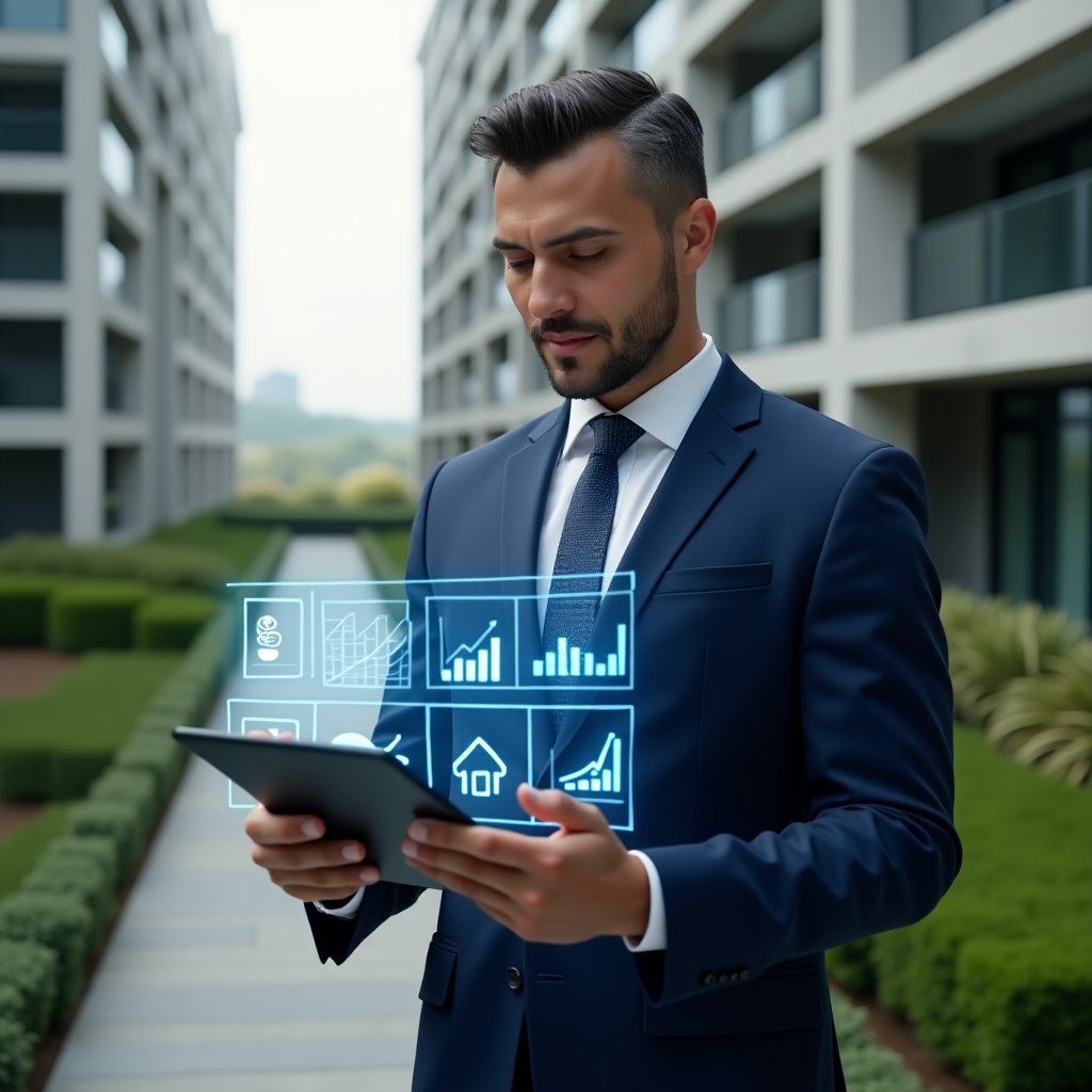 Ultra-realistic condominium manager in a navy blue suit, set in a modern luxury condominium environment with high-rise buildings and manicured green landscaping, medium shot focusing on a confident professional analyzing a tablet displaying holographic financial charts and expense icons, cinematic lighting, shallow depth of field, highly detailed textures, realistic skin, photographic realism, 8k resolution --ar 1:1 --v 6