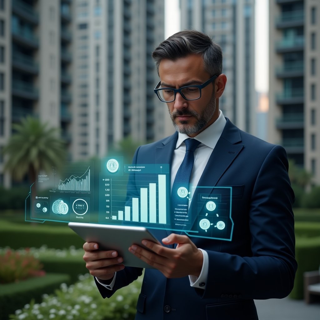 Ultra-realistic condominium manager in a tailored navy suit, set in a modern luxury condominium environment with high-rise buildings and meticulously landscaped gardens, thoughtfully analyzing holographic financial charts of ordinary and extraordinary expenses, holding a sleek digital tablet with floating icons of coins, invoices and bar graphs, cinematic lighting, shallow depth of field, highly detailed textures, realistic skin, photographic realism, 8k resolution --ar 1:1 --v 6