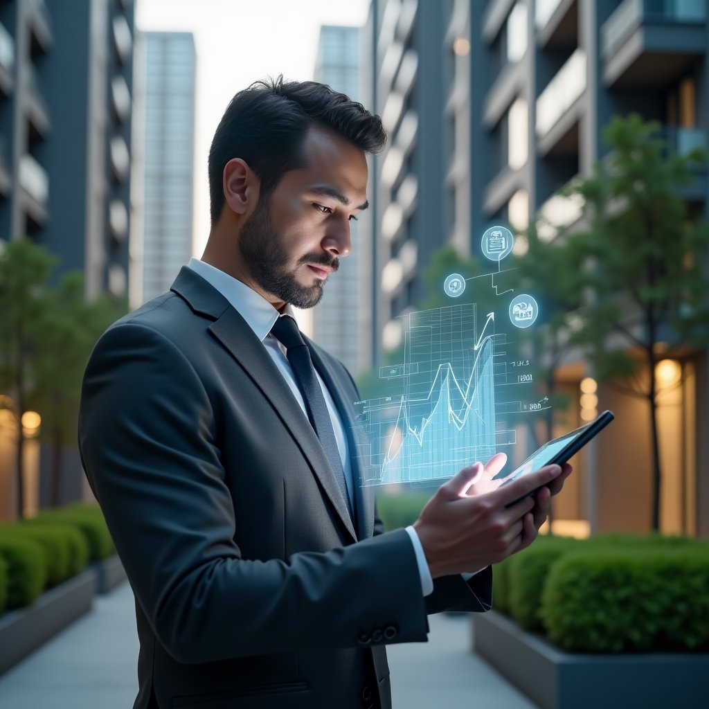 (Ultra-realistic condominium manager in a charcoal gray suit, set in a modern luxury condominium environment with high-rise buildings and manicured green landscaping, confidently examining holographic financial charts and graphs floating above a tablet, symbolic icons of transparency and auditing glowing softly, cinematic lighting, shallow depth of field, highly detailed textures, realistic skin, photographic realism, 8k resolution --ar 1:1 --v 6)