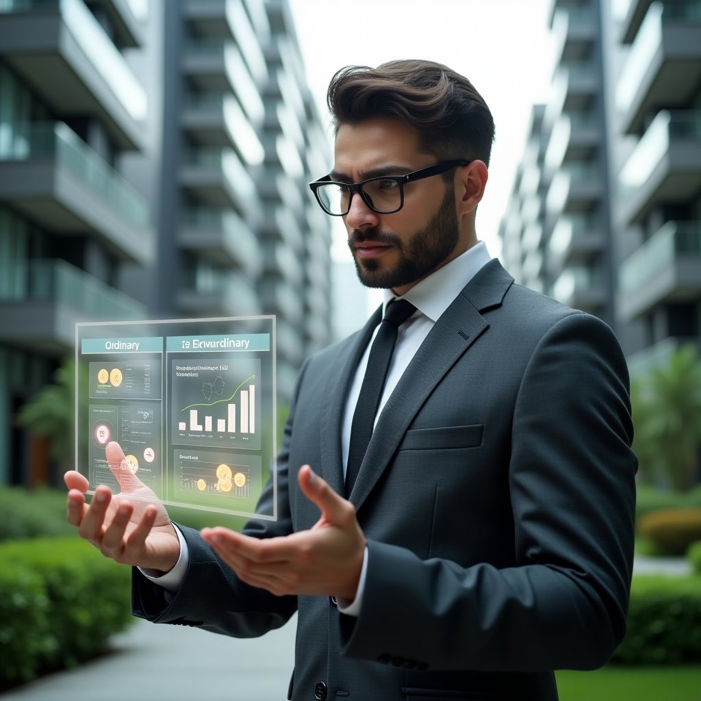 (Ultra-realistic property manager in a tailored dark gray suit, set in a modern luxury condominium environment with high-rise buildings and lush green landscaping in the background, mid shot, holding a holographic financial dashboard that displays separate columns for “Ordinary” and “Extraordinary” expenses with icons of coins, graphs and piggy bank symbols, analyzing data with a confident, focused expression, cinematic lighting, shallow depth of field, highly detailed textures, realistic skin, photographic realism, 8k resolution --ar 1:1 --v 6)