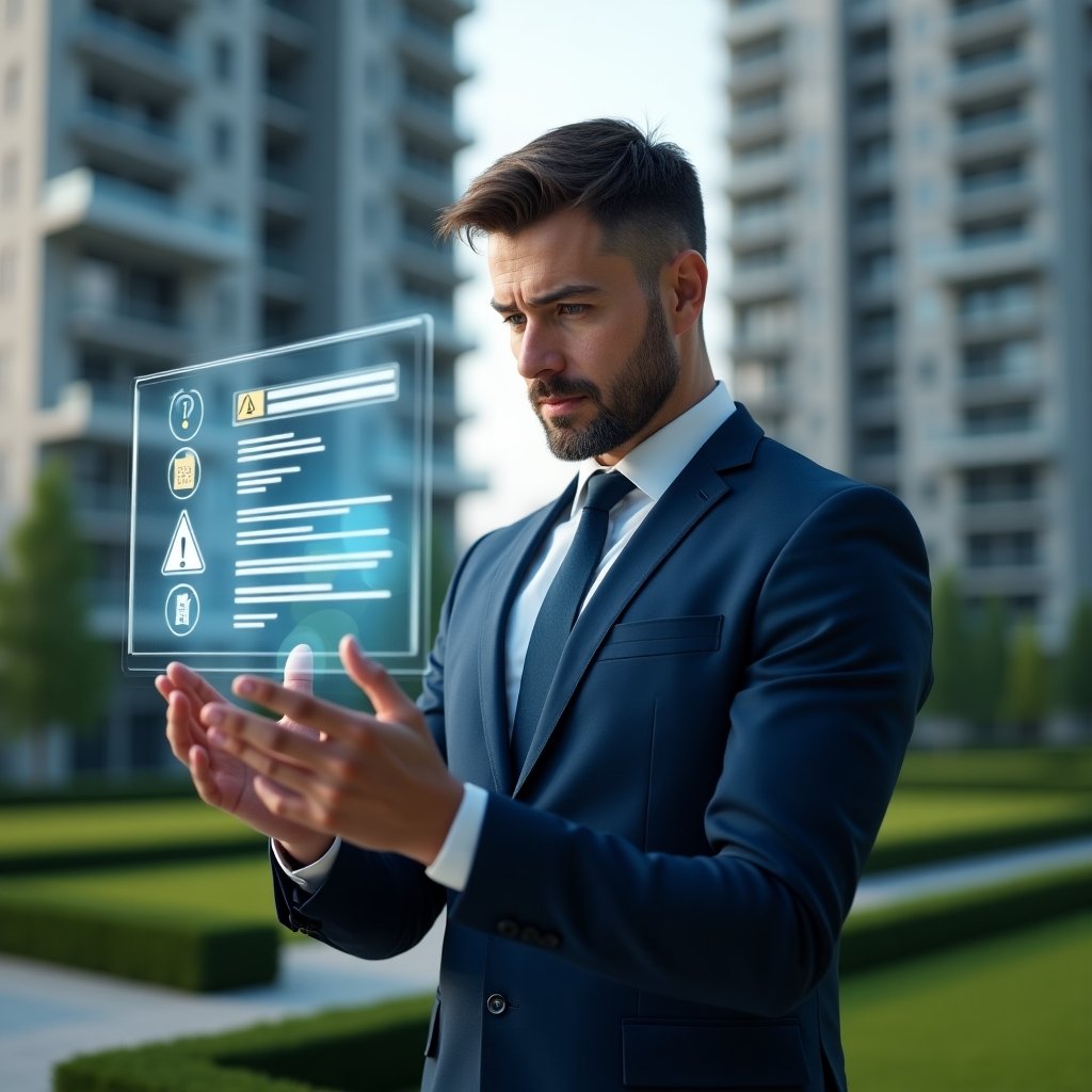 Ultra-realistic condominium manager in a navy blue suit, set in a modern luxury condominium environment with high-rise buildings and manicured green landscaping, examining a holographic interface displaying checklists and warning icons, thoughtful and confident expression, floating exclamation mark symbols and digital error alerts, cinematic lighting, shallow depth of field, highly detailed textures, realistic skin, photographic realism, 8k resolution --ar 1:1 --v 6