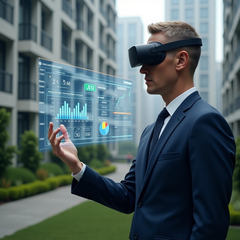 (Ultra-realistic condominium manager in a navy blue suit, set in a modern luxury condominium environment with high-rise buildings and manicured green landscaping, reviewing a holographic financial dashboard with floating expense charts and warning icons, serious and focused expression, cinematic lighting, shallow depth of field, highly detailed textures, realistic skin, photographic realism, 8k resolution --ar 1:1 --v 6)