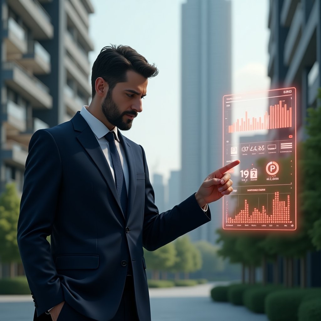 (Ultra-realistic condominium manager in a tailored navy suit, set in a modern luxury condominium environment with high-rise buildings and manicured greenery, mid-shot with the manager reviewing a floating holographic dashboard displaying red warning icons and charts representing “7 fatal errors,” pointing thoughtfully at the errors, cinematic lighting, shallow depth of field, highly detailed textures, realistic skin, photographic realism, 8k resolution --ar 1:1 --v 6)