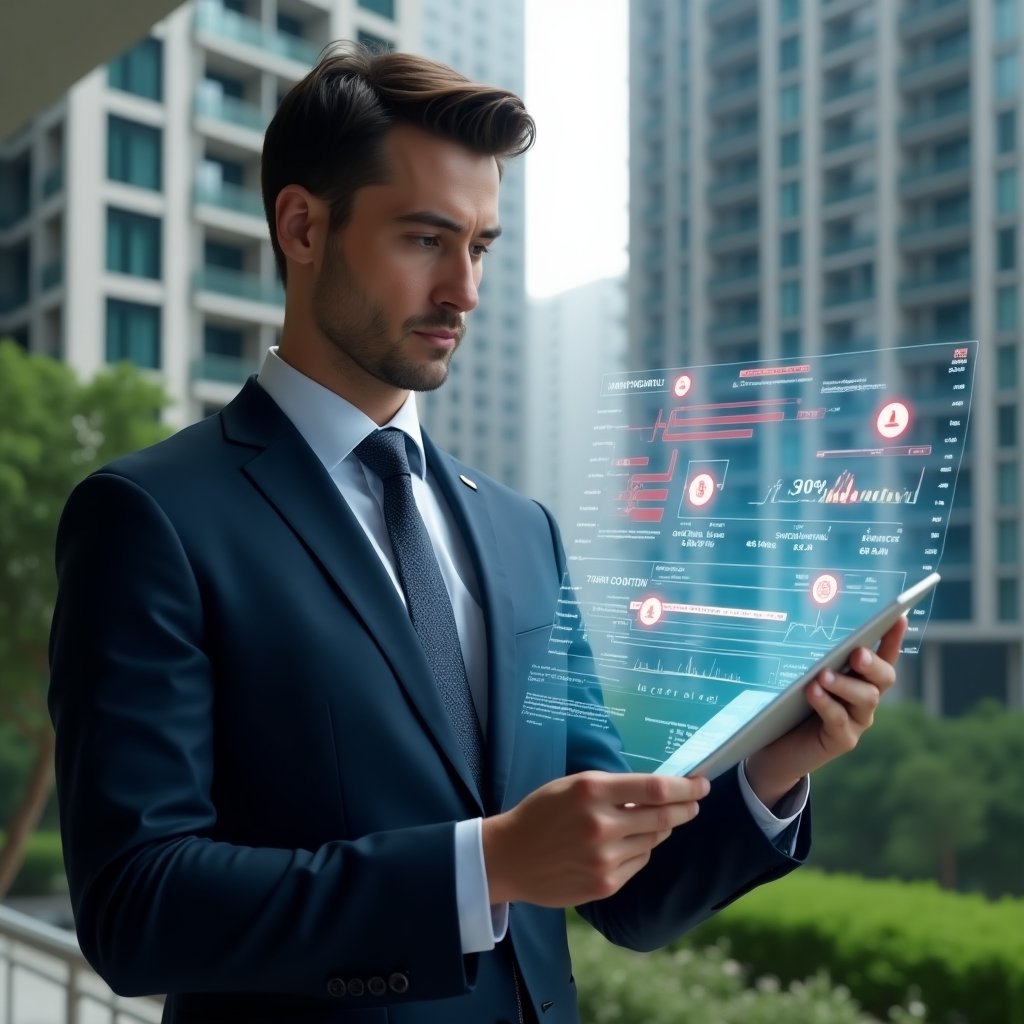 (Ultra-realistic condominium manager in a navy executive suit, set in a modern luxury condominium environment with high-rise buildings and lush green landscaping, mid-shot of them reviewing a floating holographic financial report with red warning icons highlighting errors, focused and determined expression, symbolic budget charts and ledger overlays, cinematic lighting, shallow depth of field, highly detailed textures, realistic skin, photographic realism, 8k resolution --ar 1:1 --v 6)