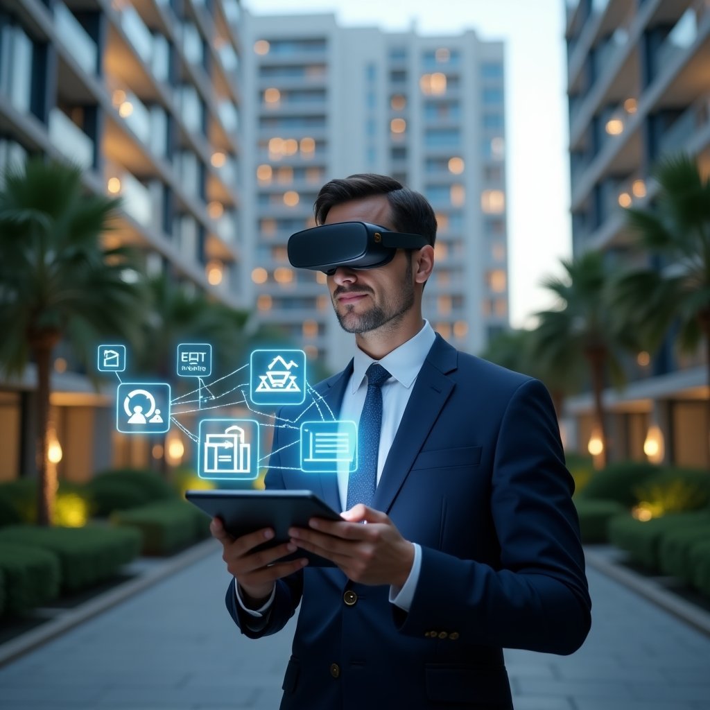 (Ultra-realistic condominium manager in a navy blue executive suit, set in a modern luxury condominium environment with high-rise buildings and lush green landscaping, examining a holographic tablet interface showing warning icons and app dashboards, holographic error symbols floating around, cinematic lighting, shallow depth of field, highly detailed textures, realistic skin, photographic realism, 8k resolution --ar 1:1 --v 6)