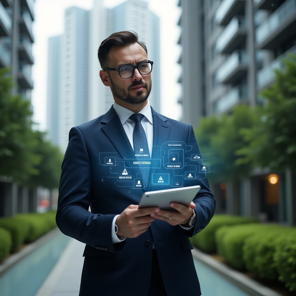 Ultra-realistic condominium manager in a navy suit, set in a modern luxury condominium environment with high-rise buildings and meticulously landscaped greenery, mid-shot showing the manager holding a holographic tablet displaying seven warning icons, thoughtful expression, holographic UI elements representing workflow errors floating around, cinematic lighting, shallow depth of field, highly detailed textures, realistic skin, photographic realism, 8k resolution --ar 1:1 --v 6