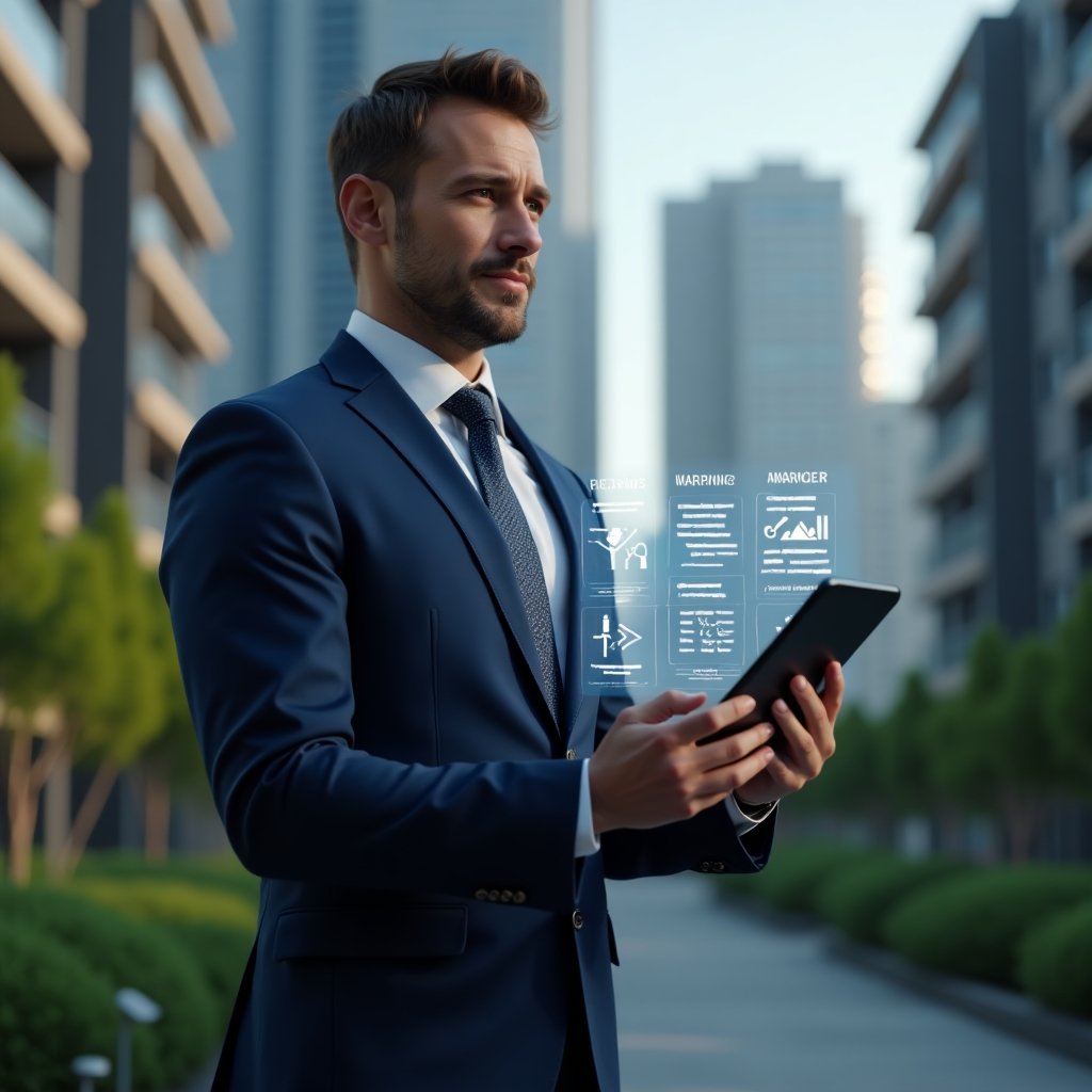 (Ultra-realistic condominium manager in a navy blue suit, set in a modern luxury condominium environment with high-rise buildings and manicured green landscaping, holding a tablet displaying a holographic checklist and warning icons symbolizing common management errors, thoughtful and confident expression, cinematic lighting, shallow depth of field, highly detailed textures, realistic skin, photographic realism, 8k resolution --ar 1:1 --v 6)