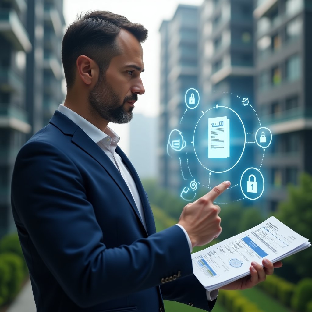 Ultra-realistic condominium manager in a navy blue suit, set in a modern luxury condominium environment with high-rise buildings and green landscaping, medium close-up holding financial reports and pointing at a holographic chart displaying budgets and check marks, floating document and padlock icons symbolizing transparency and security, thoughtful and confident expression, cinematic lighting, shallow depth of field, highly detailed textures, realistic skin, photographic realism, 8k resolution --ar 1:1 --v 6