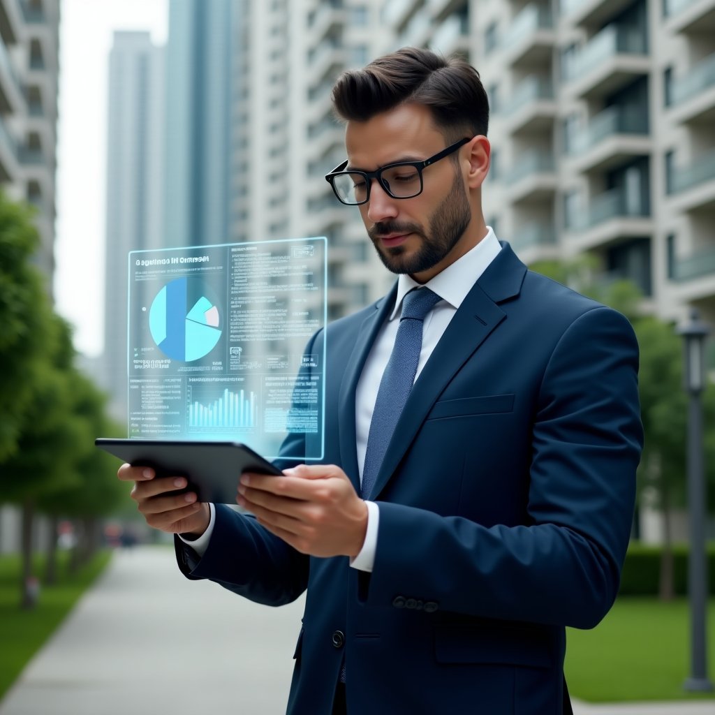 (Ultra-realistic property manager in a navy-blue business suit, set in a modern luxury condominium environment with high-rise buildings and meticulously maintained green landscaping, analyzing a holographic financial report floating above a tablet with pie charts and bar graphs, confident and focused expression, cinematic lighting, shallow depth of field, highly detailed textures, realistic skin, photographic realism, 8k resolution --ar 1:1 --v 6)