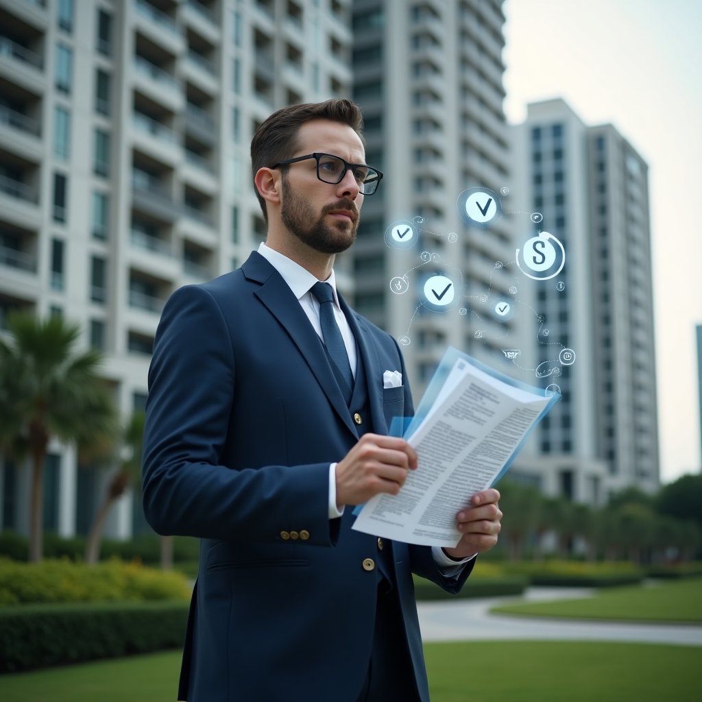 Ultra-realistic condominium manager in a tailored navy suit, set in a modern luxury condominium environment with high-rise buildings and manicured green landscaping, mid-shot reviewing transparent floating financial charts and holding paperwork, holographic icons of documents and check marks, expression serious and focused, cinematic lighting, shallow depth of field, highly detailed textures, realistic skin, photographic realism, 8k resolution --ar 1:1 --v 6