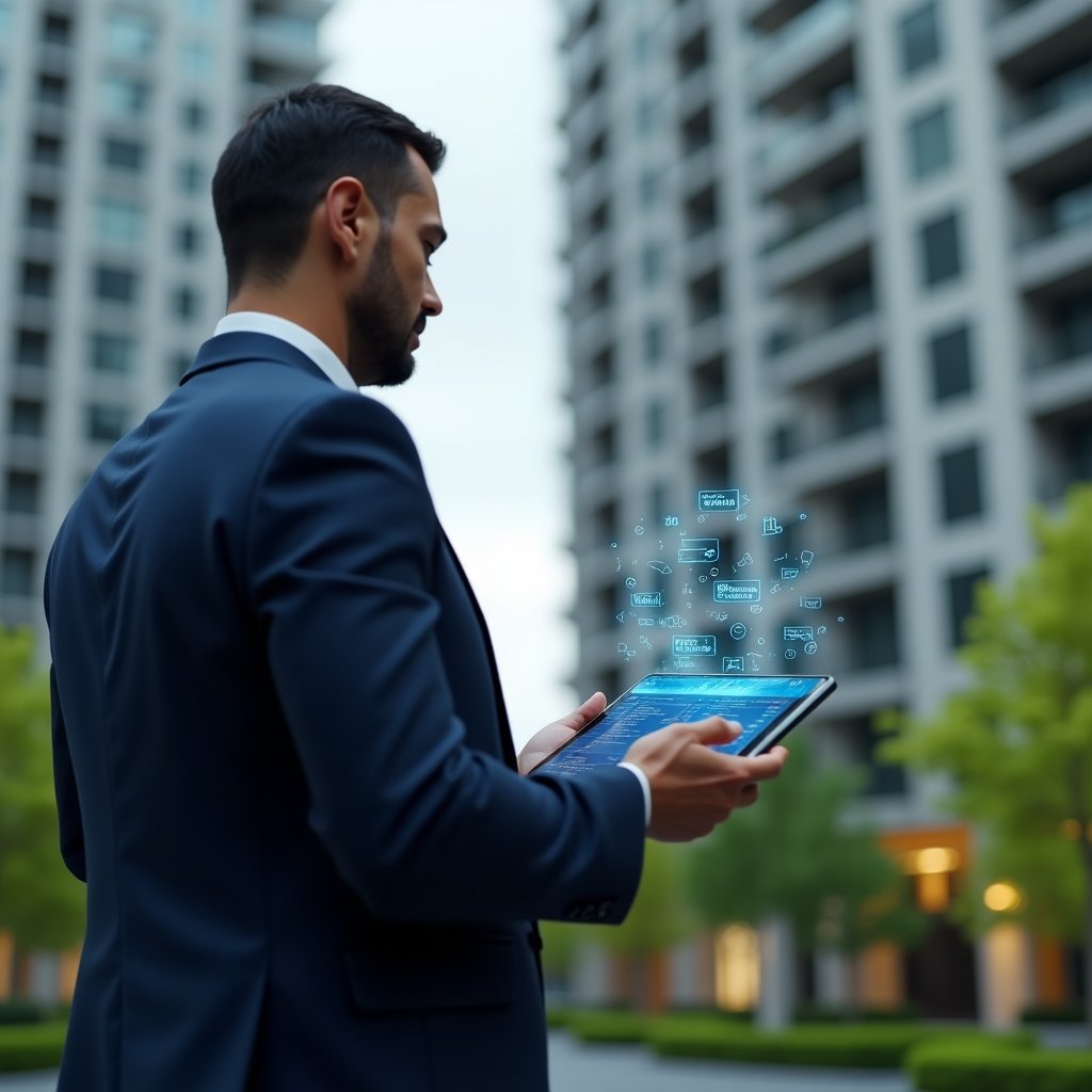 (Ultra-realistic condominium manager in a navy blue executive suit, set in a modern luxury condominium environment with high-rise buildings and manicured green landscaping, medium close-up shot of the manager reviewing a tablet displaying floating holographic financial charts and ledger icons, expression confident and focused, cinematic lighting, shallow depth of field, highly detailed textures, realistic skin, photographic realism, 8k resolution --ar 1:1 --v 6)