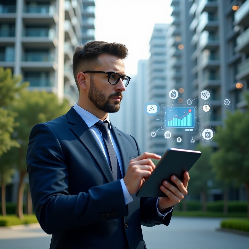 Ultra-realistic condominium manager in a navy blue business suit, set in a modern luxury condominium environment with high-rise buildings and green landscaping, holding a tablet displaying holographic warning icons and data charts, analyzing with a concerned yet confident expression, holographic exclamation marks and security shield icons floating around, cinematic lighting, shallow depth of field, highly detailed textures, realistic skin, photographic realism, 8k resolution --ar 1:1 --v 6