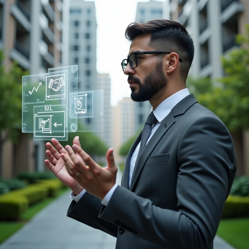 Ultra-realistic property manager in a charcoal gray executive suit, set in a modern luxury condominium environment with high-rise buildings and manicured green courtyards, medium close-up shot of a focused professional interacting with a transparent holographic display showing budget reduction strategy icons—handshake for negotiation, gear for outsourcing, leaf for sustainability—confident expression, cinematic lighting, shallow depth of field, highly detailed textures, realistic skin, photographic realism, 8k resolution --ar 1:1 --v 6