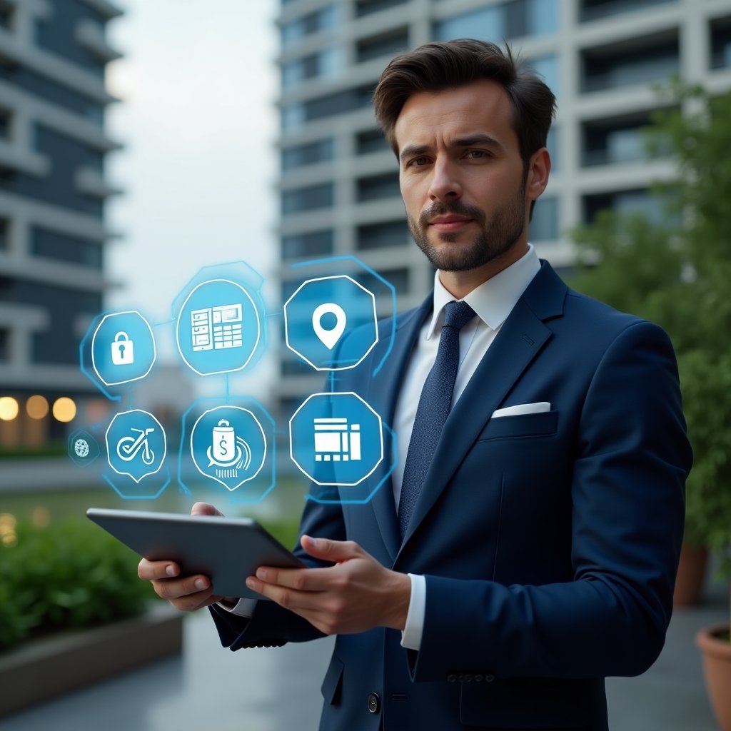 (Ultra-realistic condominium manager in a navy blue suit, set in a modern luxury condominium environment with high-rise buildings and green landscaping, holding a tablet displaying holographic icons representing seven essential app functions—access control, space booking, financial reports, push notifications, maintenance tickets, elevator integration, analytics—confident expression, cinematic lighting, shallow depth of field, highly detailed textures, realistic skin, photographic realism, 8k resolution --ar 1:1 --v 6)