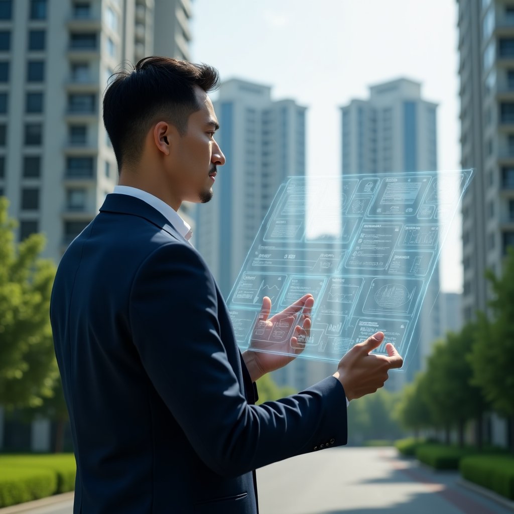 (Ultra-realistic condominium manager in a tailored navy suit, set in a modern luxury condominium environment with high-rise buildings and lush green landscaping, holding a transparent holographic interface displaying icons for finance, calendar, chat, security, maintenance and analytics, confidently reviewing data, cinematic lighting, shallow depth of field, highly detailed textures, realistic skin, photographic realism, 8k resolution --ar 1:1 --v 6)