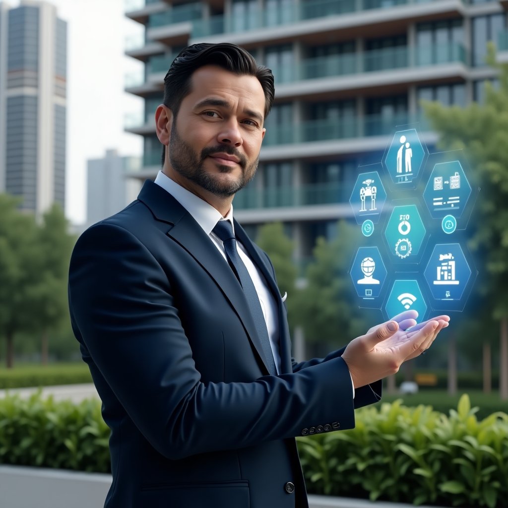 (Ultra-realistic property manager in a navy suit, set in a modern luxury condominium environment with high-rise buildings and green landscaping, interacting with a floating holographic interface displaying icons for security, reservations, billing, communication, maintenance, online meetings, and analytics, confident expression, cinematic lighting, shallow depth of field, highly detailed textures, realistic skin, photographic realism, 8k resolution --ar 1:1 --v 6)