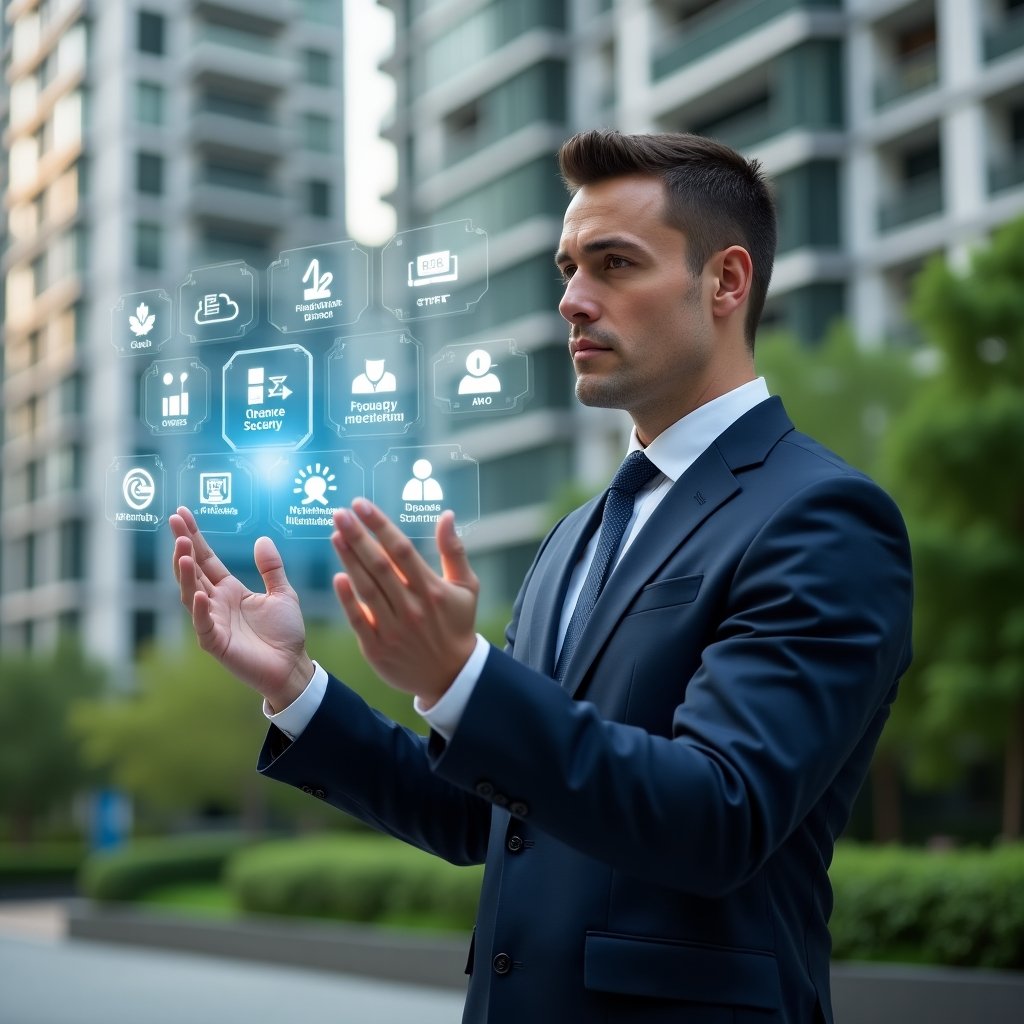 (Ultra-realistic condominium manager in a tailored navy suit, set in a modern luxury condominium environment with high-rise buildings and lush green landscaping, interacting with a floating holographic interface displaying icons for chat, finance, security, maintenance, scheduling and analytics, confident and focused expression, cinematic lighting, shallow depth of field, highly detailed textures, realistic skin, photographic realism, 8k resolution --ar 1:1 --v 6)