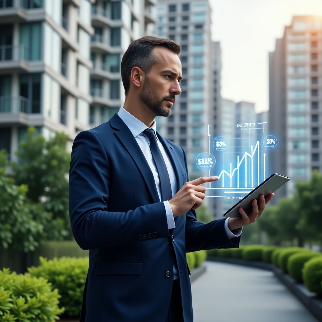 (Ultra-realistic condominium manager in a tailored navy blue suit, set in a modern luxury condominium environment with high-rise buildings and lush green landscaping, holding a digital tablet and pointing at a holographic cost-reduction graph with contract and maintenance icons floating beside him, confident and focused expression, cinematic lighting, shallow depth of field, highly detailed textures, realistic skin, photographic realism, 8k resolution --ar 1:1 --v 6)