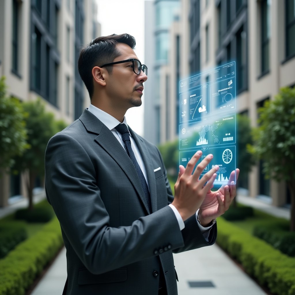 Ultra-realistic condominium property manager in a charcoal gray executive suit, set in a modern luxury condominium environment with high-rise buildings and manicured green landscaping, reviewing a floating holographic dashboard displaying icons for communication, finance, security and maintenance (seven alert symbols), confident and analytical expression, cinematic lighting, shallow depth of field, highly detailed textures, realistic skin, photographic realism, 8k resolution --ar 1:1 --v 6