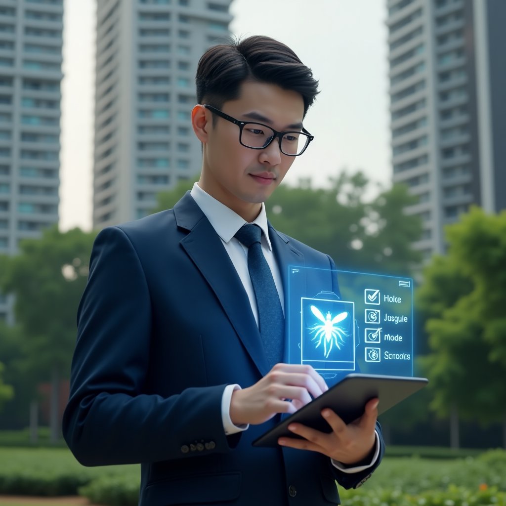 (Ultra-realistic condominium manager in a navy blue suit, set in a modern luxury condominium environment with high-rise buildings and manicured green landscaping, holding a tablet displaying a holographic mosquito icon and digital checklist, confidently analyzing data to prevent dengue, symbolic larva elimination icon floating beside, cinematic lighting, shallow depth of field, highly detailed textures, realistic skin, photographic realism, 8k resolution --ar 1:1 --v 6)