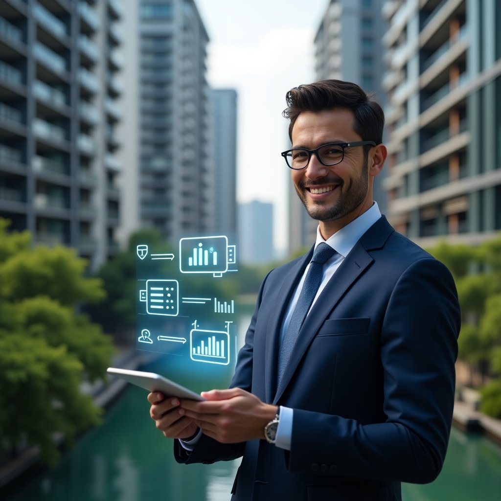 (Ultra-realistic condominium manager in a dark blue executive suit, set in a modern luxury condominium environment with high-rise buildings and lush green landscaping, holding a tablet displaying holographic condominium management icons and charts, confidently smiling as they interact with a floating digital interface representing streamlined tasks and communication, cinematic lighting, shallow depth of field, highly detailed textures, realistic skin, photographic realism, 8k resolution --ar 1:1 --v 6)