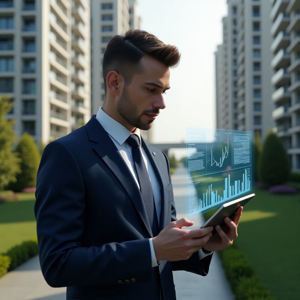 Ultra-realistic condominium manager in a tailored navy suit, set in a modern luxury condominium environment with high-rise buildings and manicured green landscaping, holding a tablet displaying holographic financial charts, confidently analyzing transparent reports, cinematic lighting, shallow depth of field, highly detailed textures, realistic skin, photographic realism, 8k resolution --ar 1:1 --v 6