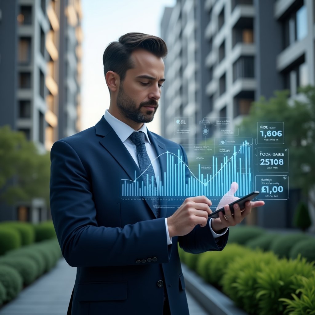 (Ultra-realistic condominium manager in a dark blue tailored suit, set in a modern luxury condominium environment with high-rise buildings and green landscaping, meticulously analyzing floating holographic graphs and bar charts representing expense metrics, digital dashboard overlay with percentage and ROI icons, cinematic lighting, shallow depth of field, highly detailed textures, realistic skin, photographic realism, 8k resolution --ar 1:1 --v 6)